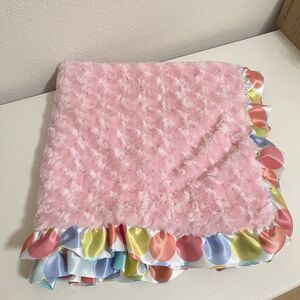 Tourance Baby Blanket Pink Swirl with Rainbow Polka Dots Ruffles Satin Trim